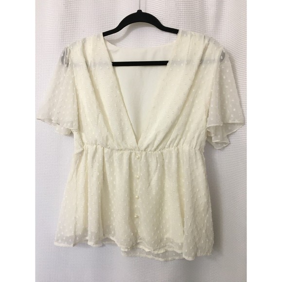 Women's Top Size Large Baby Doll Deep V Neck Swiss Dot Peplum Easter Ivory Large - Picture 5 of 6